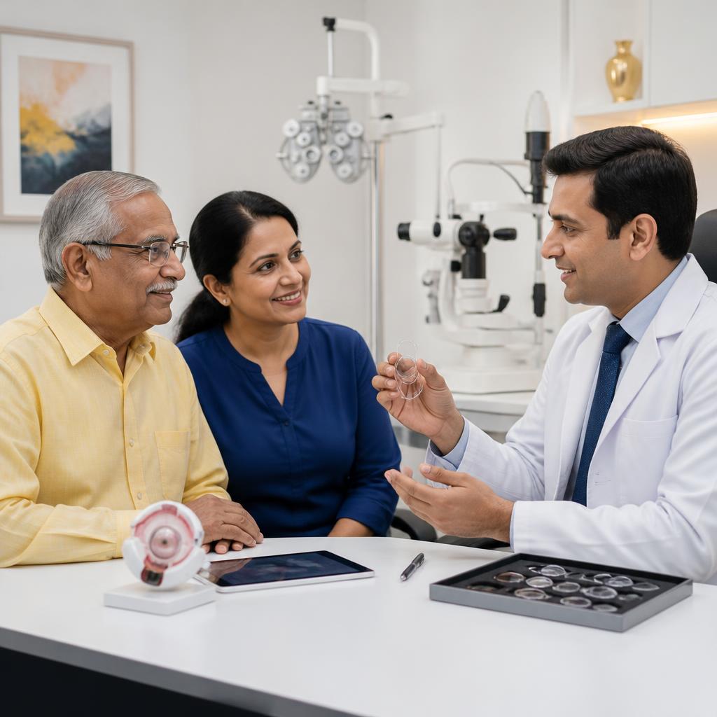 Illustrative cataract lens consultation with a patient and family