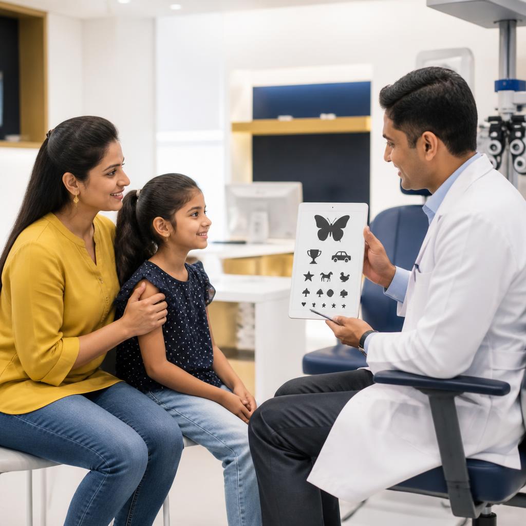 Illustrative paediatric eye examination with a parent present